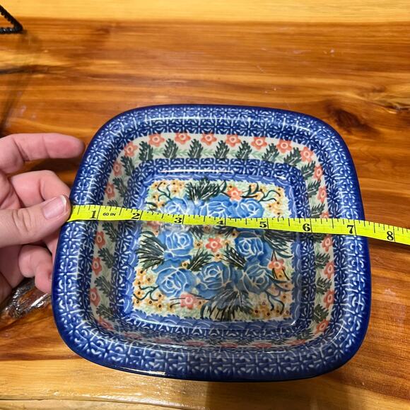 Polish Stoneware Pottery Ceramic UNIKAT Square 1803 Blue Floral Nakoneczna Baker - Picture 3 of 8